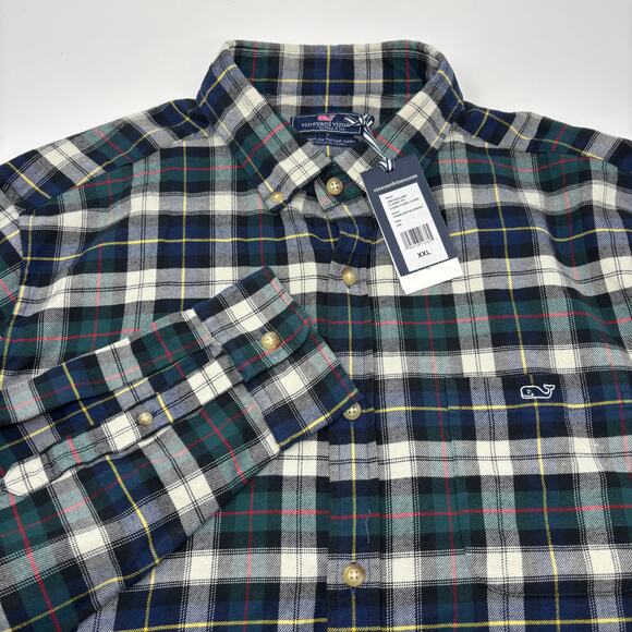 Vineyard Vines 2XL Blue Green Plaid Long Sleeve Button Down Flannel Shirt NWT - Picture 1 of 4
